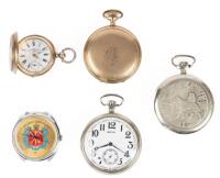 Four Pocket Watches: One Georges Favre Jacot Locle, One Waltham and and Two Molnija 18 Jewel, (Russian)