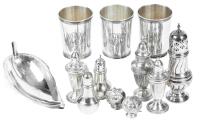 Collection of Sterling Silver Tableware: Three Cups, Leaf Shaped Candy Dish, Sugar Shakers and Salt and Pepper Shakers