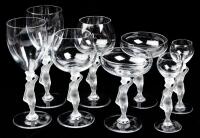 French Crystal by Bayel with Goddess Venus Holding Aloft the Bowls. Casual Tableware with Great Appeal. 22 Pieces.