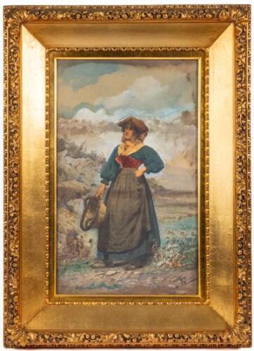 Aureli, Giuseppi. "Italian Woman with Basket" Original Watercolor on Paper