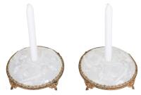 Beautiful Pair of 1930s French Art Deco Opalescent Glass Candlestick Holders Gold Gilt, Footed Stands by Carrillo Art Glass Comp