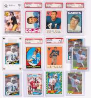 Collection of Raw and Graded Fooball Cards: 2x Joe Montana Rookie Cards, 
4x Dan Marino Topps Rookie Cards, and Brett Favre and