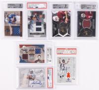 Eight (8) Limited Uniform Swatch Football Cards Including a Pair of the Jim Thorpe/Johnny Unitas Swatch Cards "Fabric of the Gam