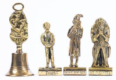 Set of Three Brass Dickensian Figurines and a Bell