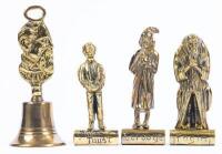 Set of Three Brass Dickensian Figurines and a Bell