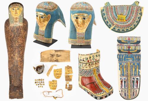 Important Egyptian Wooden Coffin of the Lady Ta-Khnum-iw; Ptolemaic Period w/ Complete Cartonnage Pieces. ca. 300 BC to 1st Cent