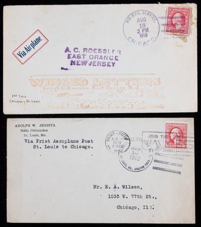 1920 First Official Experimental Flight Covers Group.
Chicago to St. Louis Aug 16, 1920 (error in postmark "1919"instead of "19