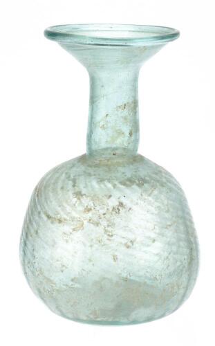 Roman Glass; Large Light Diagonally Ribbed Turquoise Glass Bottle, 4th Century A.D.
