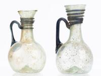 Matched Pair of Roman Translucent Green and Cobalt Blue Glass Juglets ca. 3rd-4th Century A.D.