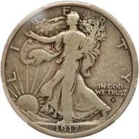 1917-D Liberty Walking 50C. Mintmark on Obv PCGS F12