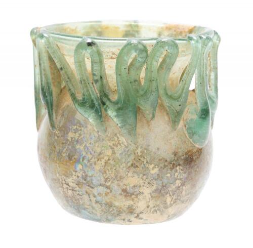 Roman Glass; Intriguing Translucent Green Glass Jar with Heavy Blue/Green Glass Zig-Zag Patterned Embellishment ca. 4th-5th Cent