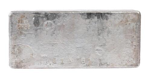 U.S. Assay Office New York, 1965. 215.61 Ozs Silver Bar 999<3/4> Fine
