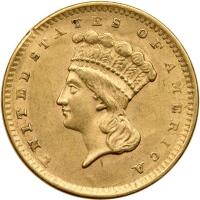 1856 $1 Gold Indian. Upright 5 AU55