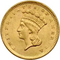 1856 $1 Gold Indian. Slanting 5 MS60 plus