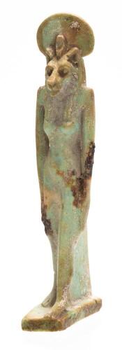 Egyptian Faience Amulet of Sekhmet ca. 26th Dynasty, Light Green Faience with Fine Details