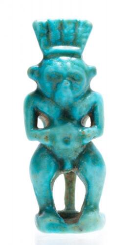Egyptian Blue Glaze Faience of Bes Wearing Feathered Headdress ca. 26th Dynasty