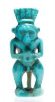 Egyptian Blue Glaze Faience of Bes Wearing Feathered Headdress ca. 26th Dynasty