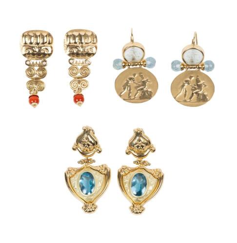 Three Pair of Dramatic, 14K Yellow Gold Dangle Earrings Spanning Centuries in Styles
