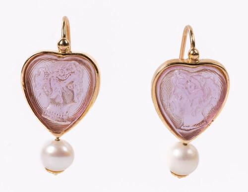 Lovely Pair of Italian Hoop Earrings in 14K Gold with Hand Carved, Heart Shaped Amethyst with Busts of Two Goddesses