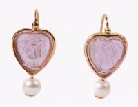 Lovely Pair of Italian Hoop Earrings in 14K Gold with Hand Carved, Heart Shaped Amethyst with Busts of Two Goddesses