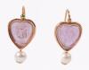 Lovely Pair of Italian Hoop Earrings in 14K Gold with Hand Carved, Heart Shaped Amethyst with Busts of Two Goddesses