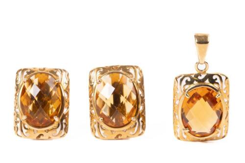 Ensemble of Golden Yellow Topaz Earrings and Pendant in 14K Yellow Gold