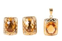 Ensemble of Golden Yellow Topaz Earrings and Pendant in 14K Yellow Gold