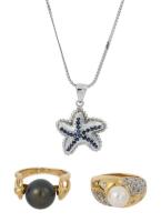 Under The Sea Treasures: South Sea Pearl Rings in 14K White and Yellow Gold plus a Charming 18K White Gold Starfish Pendant and