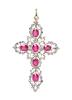 Beautiful Florentine Cross Pendant in 6K Yellow Gold and Sterling Silver, Synthetic Rubies Surrounded by Accent Diamonds