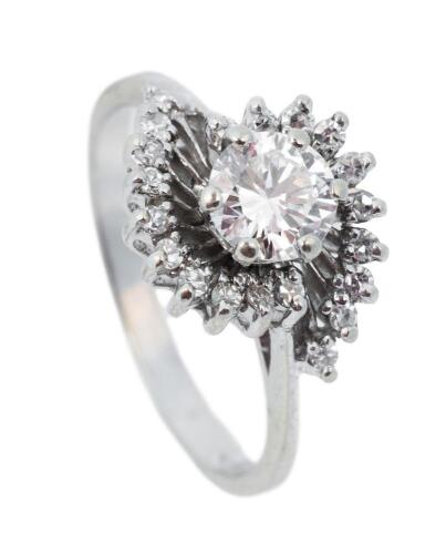 Lovely Engagement Ring Having a Fine Center Diamond Surrounded in a Swirl of Accent Diamonds in 14K White Gold