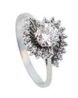 Lovely Engagement Ring Having a Fine Center Diamond Surrounded in a Swirl of Accent Diamonds in 14K White Gold