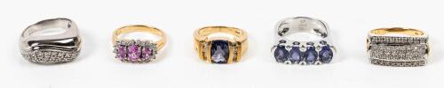 Collection of Five Bold Ladies Rings in New or Like New Condition all in 14K White or Yellow Gold with Precious and Semi-Preciou