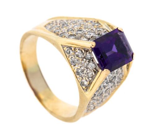 Striking Ladies Pyramidal 14K Yellow and White Gold, Amethyst and Diamond Ring.