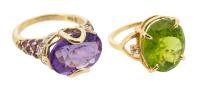 Two Ladies 14K Yellow Gold Rings Each Boasting a Brilliant Semi-Precious Stone; Peridot Quartz and Amethyst