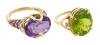 Two Ladies 14K Yellow Gold Rings Each Boasting a Brilliant Semi-Precious Stone; Peridot Quartz and Amethyst