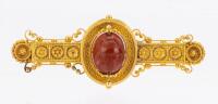 Magnificent 19th Century Revival Filigree Brooch in 22K Yellow Gold with Carnelian Scarab that Rotates To Reveal a Full Profile
