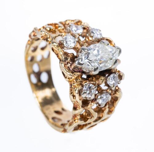 Ladies 14K Yellow Gold and Diamond Dinner Ring Centered with a <3/4> Carat Marquis Cut Diamond Surrounded by 6 Accent Diamonds