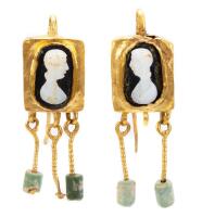Roman Cameo and High Karat Yellow Gold, 3rd Century A.D. Earrings with Blue Glass Beads Suspended on Danglers.