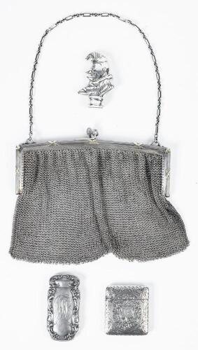 Exceptional, Antique, Art Deco Ladies Sterling Silver Chain Mesh Purse with Two Beautiful Sterling Sliver Match Stick Holders an