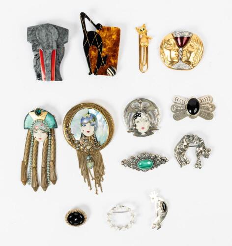 Collection of 12 Traveling Jewelry, All Pins: Prized Salvador Dali Tristan & Isolde Pin, 6 Sterling Silver Pins, Two Lea Stein P