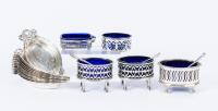 Antique Sterling Silver Table Accessories from an Elegant, Bygone Era. Twelve (12) Nut Bowls, Five Cobalt Blue Glass Salt Cellar