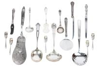 Six Serving Pieces in 800 Silver, 5 Utensils with 800/925 Handles and 5 Individual Tea Strainers in 925 Sterling