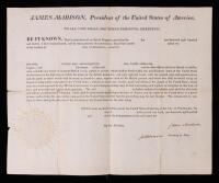 Rare War of 1812 Privateer's Commission Signed Boldly by President James Madison and Secretary of State James Monroe as Document
