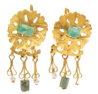Elegant Greco-Roman High Karat Yellow Gold and Emerald Earrings Accented with Tiny Seed Pearls
