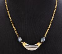 22K Yellow Gold Chain Necklace Centered with a Fine Crescent Shaped Banded Agate and Two Glass Accent Beads, 1st Millennium BC