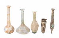 Group of Five Roman Glass Vessels, Including Unguentaria and a Tubular Unguentarium
