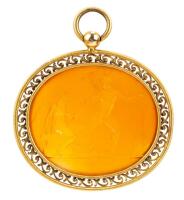 Magnificent, Large Carnelian Intaglio in Elaborate 14K Yellow Gold Bezel. Impressive, Detailed Scene of Hermes and Aphrodite, 18