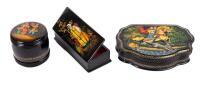 Russian Lacquer Boxes: Three Lovely Examples of Russian Lacquer from Fedoskino Including Box with Exceptional Folklore Art