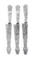 Three (3) Vintage Industria JUCA Argentina Alpaca Silver Gaucho Cuchillos with Sheaths.