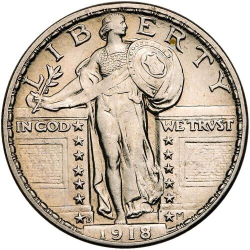 1918-D Liberty Standing 25C Sharpness of About Unc